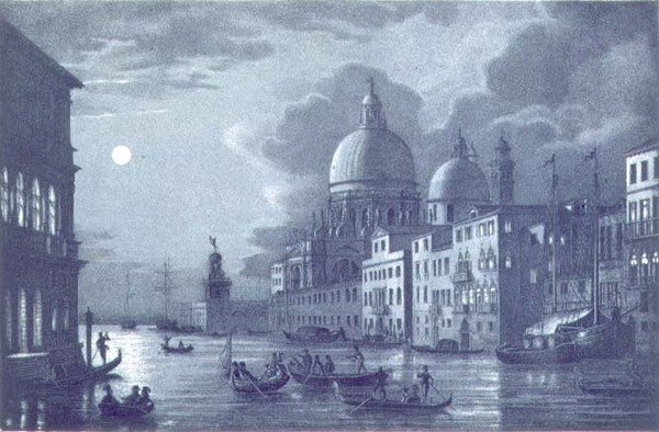 Nattscene av Canal Grande og Santa Maria della Salute, Venezia, gravert av Brizeghel (litho) av Berselli (after)