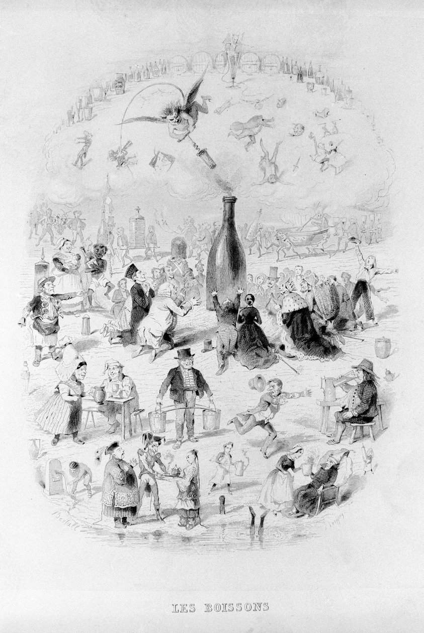 Drinker: en folkemengde i tilbedelse foran en flaske vin og de forskjellige typene drinker i Brillat - Savarin illustrert av Bertall. Paris 1840.Jean Anthelme Brillat Savarin (Brillat-Savarin) (1755-1826) fransk gastronom. av Bertall