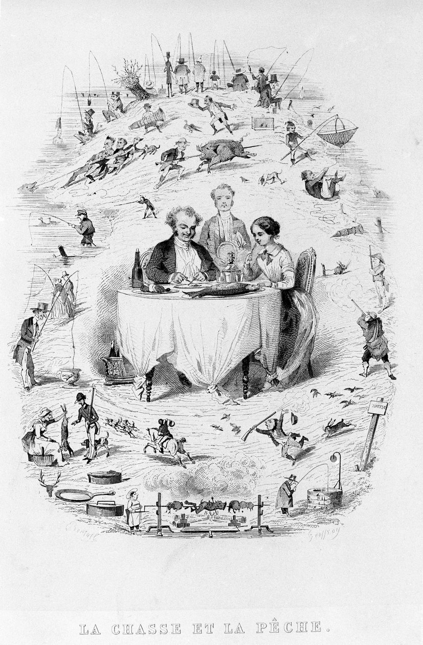 Jakt og fiske: et par på restauranten foran et fat med fisk og kjøtt, rundt er avbildet de forskjellige måtene å jakte og fiske på. The Physiology of the Gout of Brillat - Savarin illustrert av Bertall. Paris 1840. Jean Anthelme Brilla av Bertall