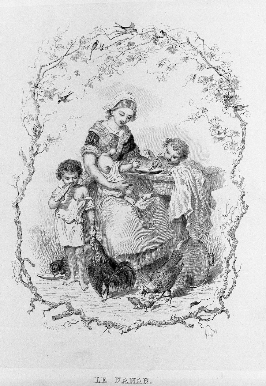 Nanan: en ung mor gir mat til sine tre barn i «La Physiologie du Gout»» av Brillat - Savarin illustrert av Bertal. Paris 1840. Jean Anthelme Brillat Savarin (Brillat-Savarin) (1755-1826) fransk gastronom. av Bertall