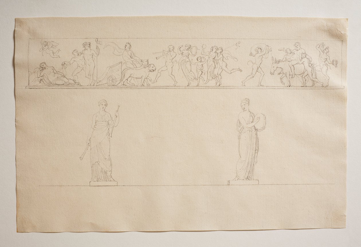 Bakchantal prosesjon med Bacchus og Ariadne. To statuer av muser av Bertel Thorvaldsen