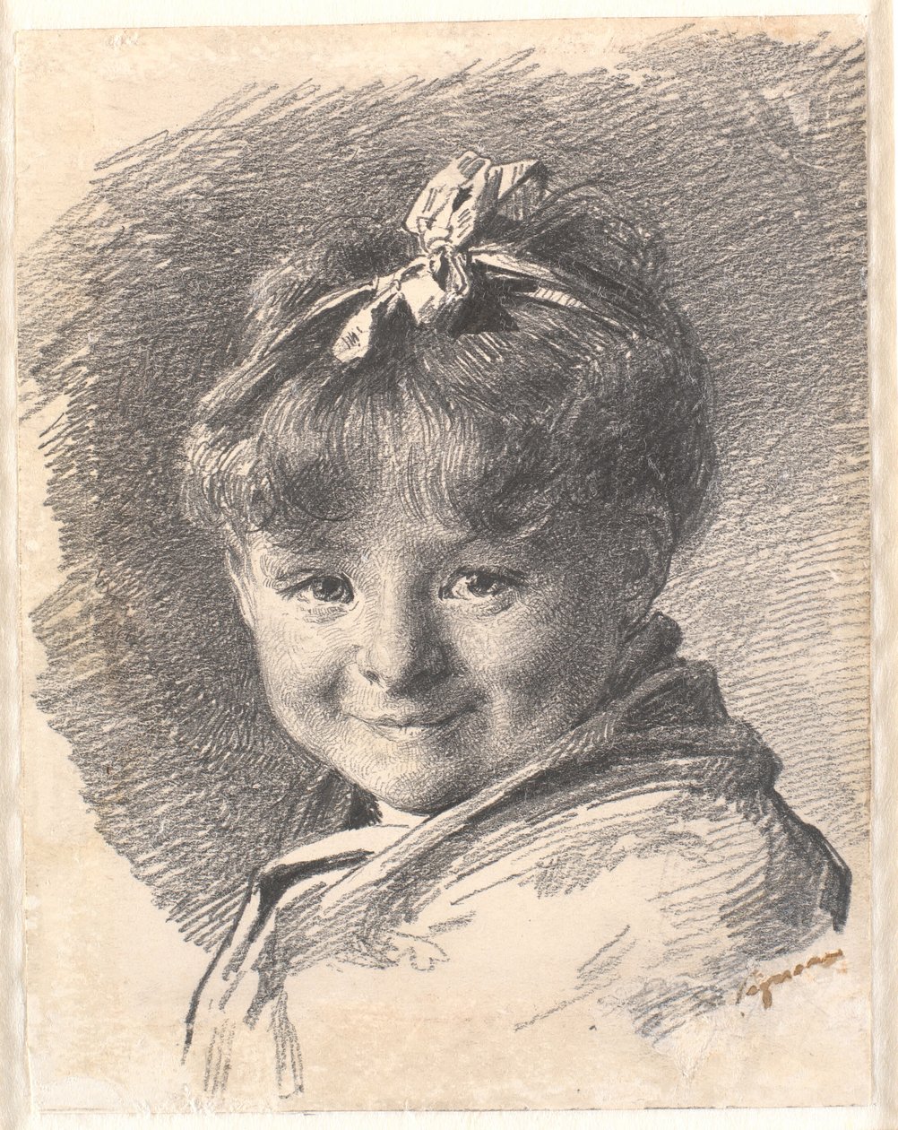 Portrett av en liten jente med kort hår og hårbånd av Bertha Wegmann