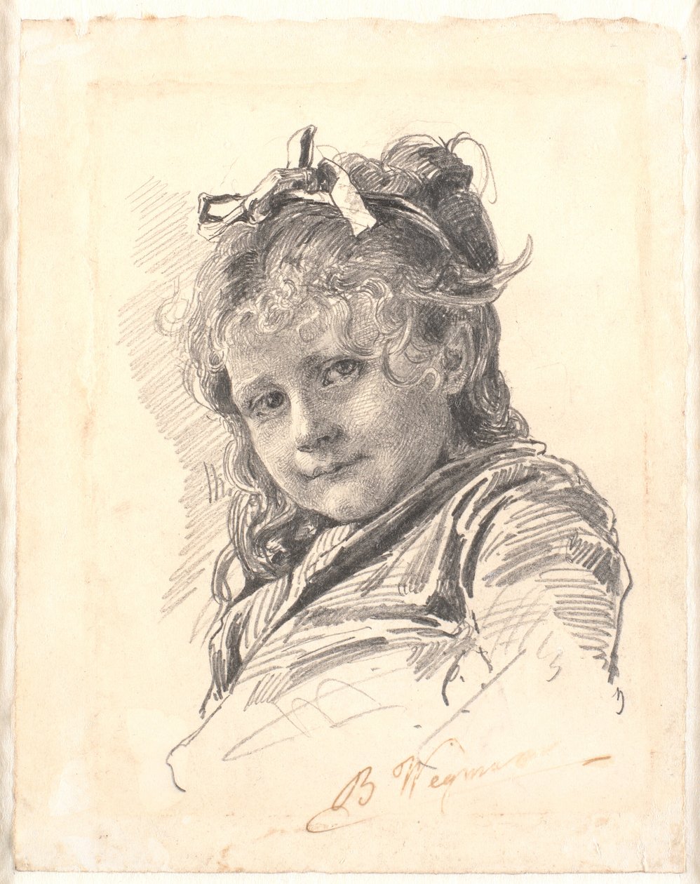 Portrett av en liten jente med langt hår og hårbånd av Bertha Wegmann