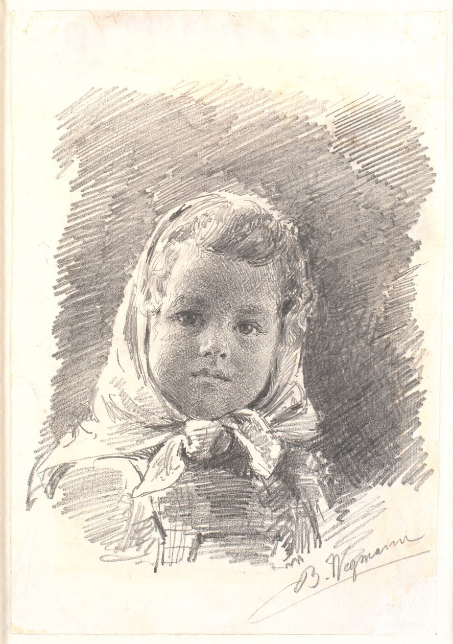 Portrett av en liten jente med et skjerf rundt hodet av Bertha Wegmann