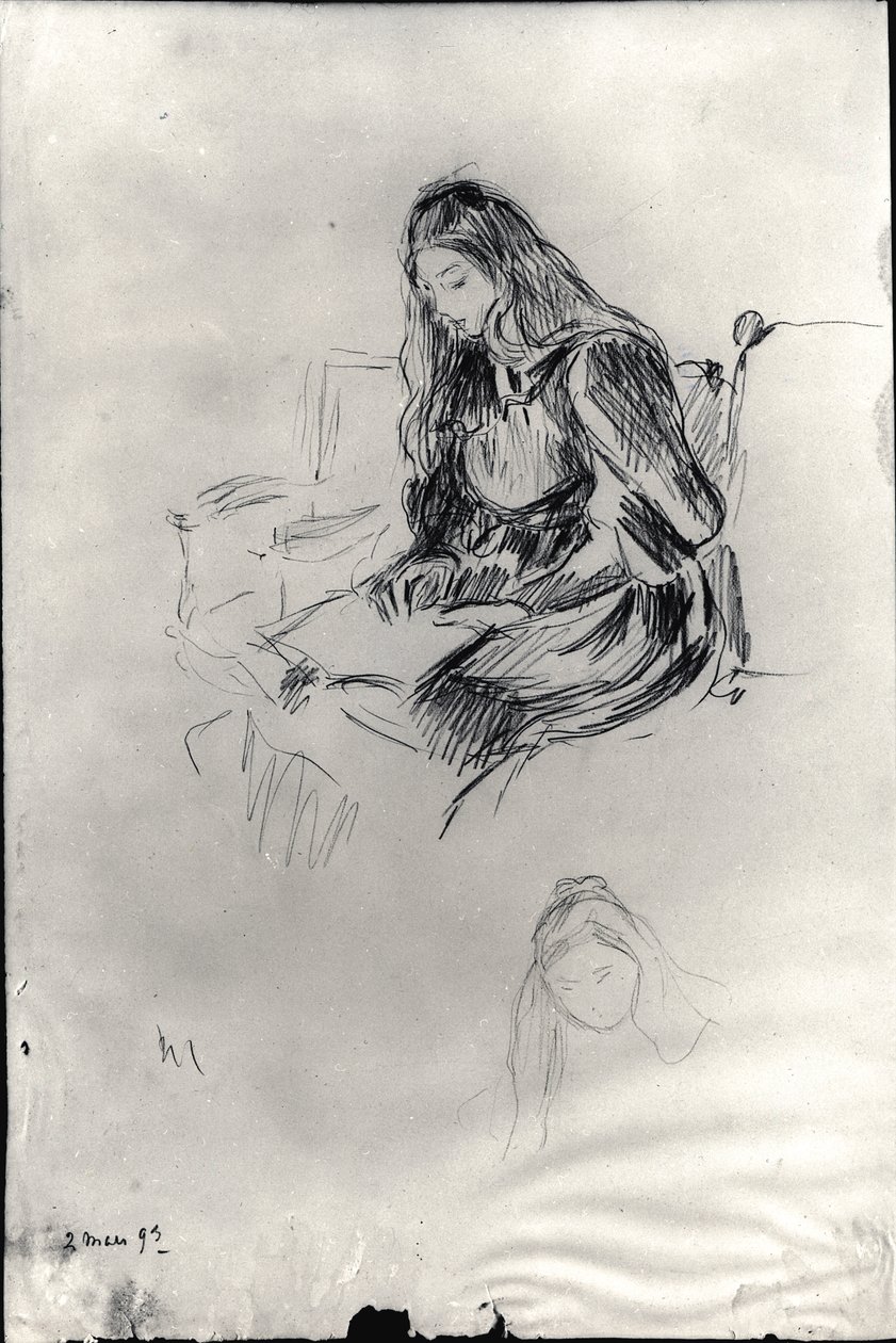 Julie Manet (1878-1966) lesning, 2. mars 1893 (svart bly på papir) av Berthe Morisot