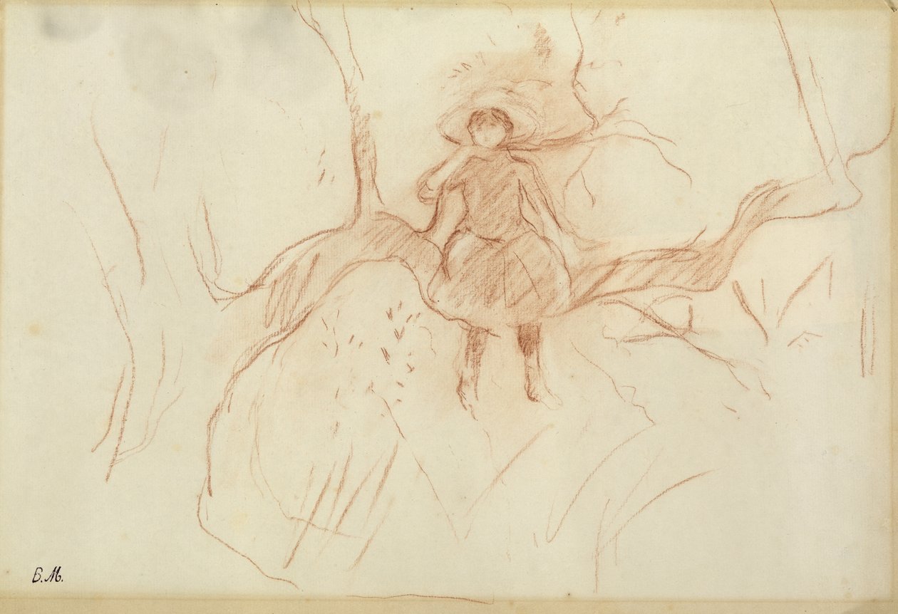 Perching in the Tree, 1889 (rødt kritt på papir) av Berthe Morisot