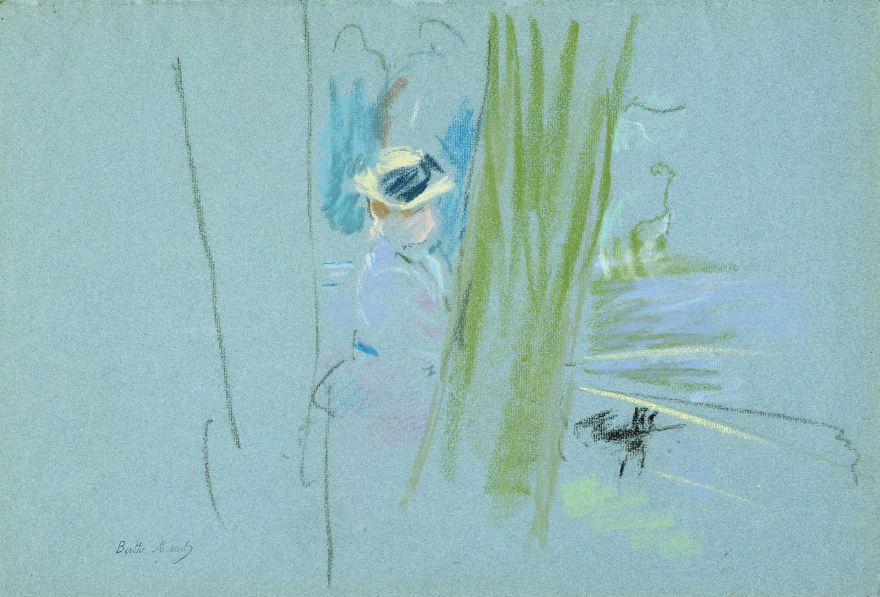 Kvinne som fisker ved en innsjø, 1885 (pastell på papir) av Berthe Morisot