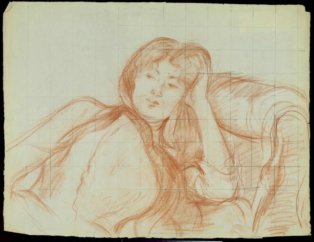 Ung jente lener seg på albuen, 1887 (rødt kritt på papir) av Berthe Morisot