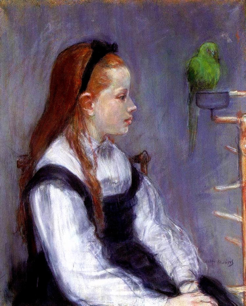 Ung jente med en papegøye, ca. 1873 (pastell på papir) av Berthe Morisot