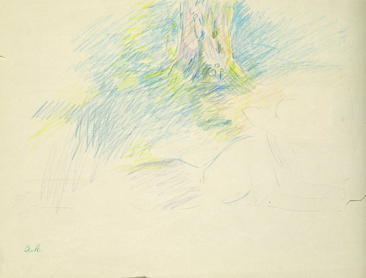 Ung jente som ligger under et tre, 1891 (farget blyant på papir) av Berthe Morisot
