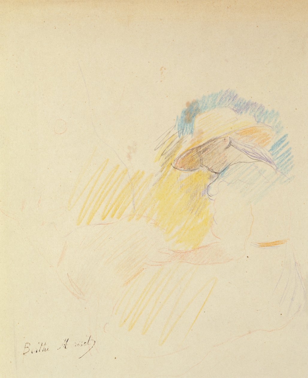 Ung jente sitter i en hage, 1887 (farget blyant på papir) av Berthe Morisot