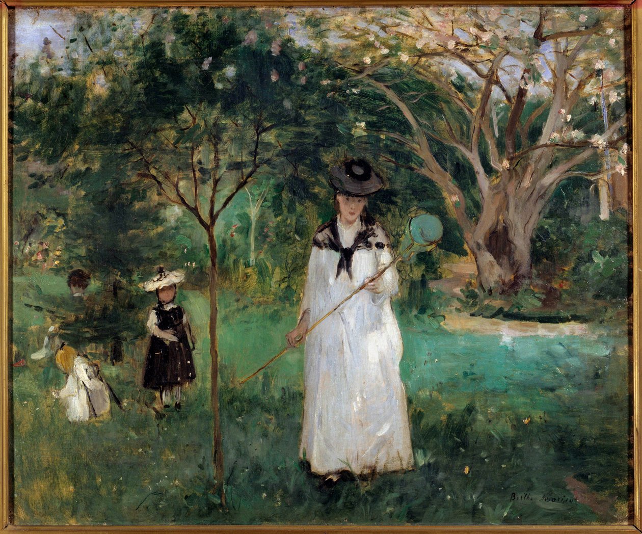 Sommerfugljakt En ung kvinne som holder et sommerfuglnett. Maleri av Berthe Morisot (1841-1895) 1874 Søn. 0,46x0,56 m Paris, musee d
