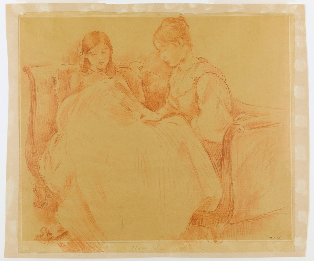 Studie av unge jenter som syr av Berthe Morisot