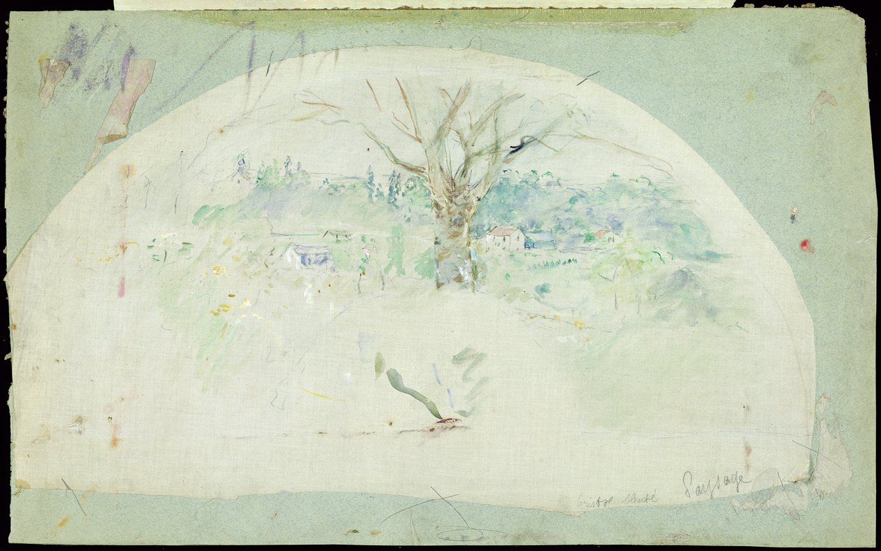 Vifte som viser Bougival, 1884 (olje, blyant og wc på silke) av Berthe Morisot