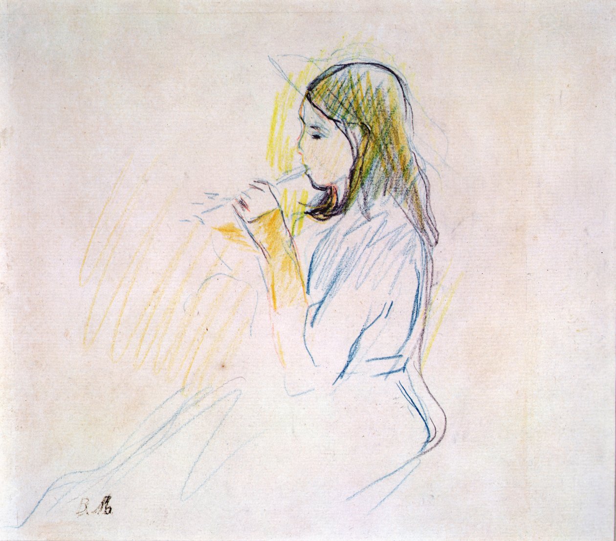 Manets datter spiller blokkfløyten (farget blyant på papir) av Berthe Morisot
