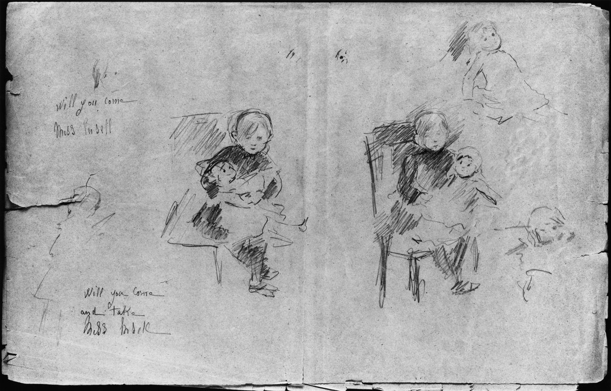 Studier for liten jente med en dukke, 1884 (svart bly på papir) av Berthe Morisot