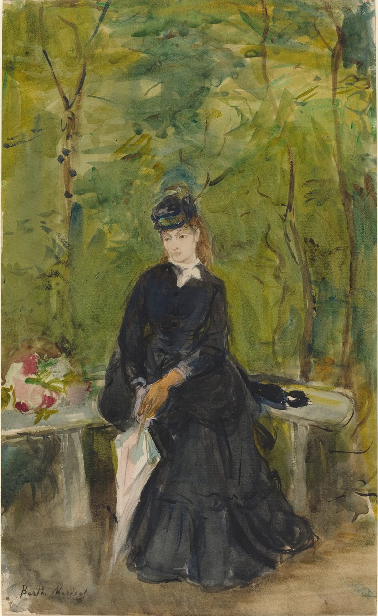 Kunstnerens søster Edma sitter i en park av Berthe Morisot