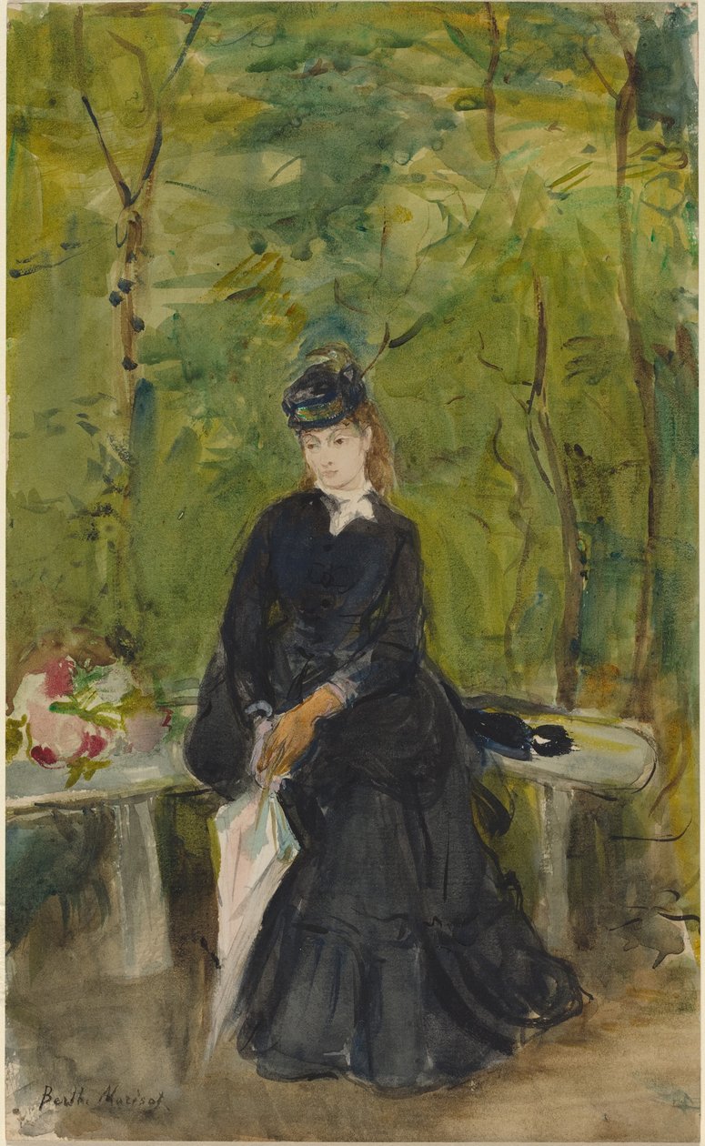 Kunstnerens søster Edma sittende på en benk av Berthe Morisot