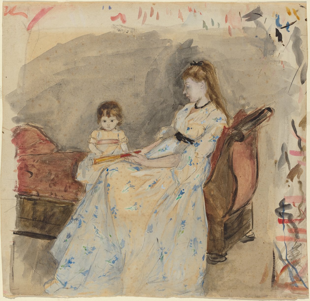 The Artists Sister, Edma, with Her Daughter, Jeanne, 1872 (wc over grafitt på lagt papir) av Berthe Morisot