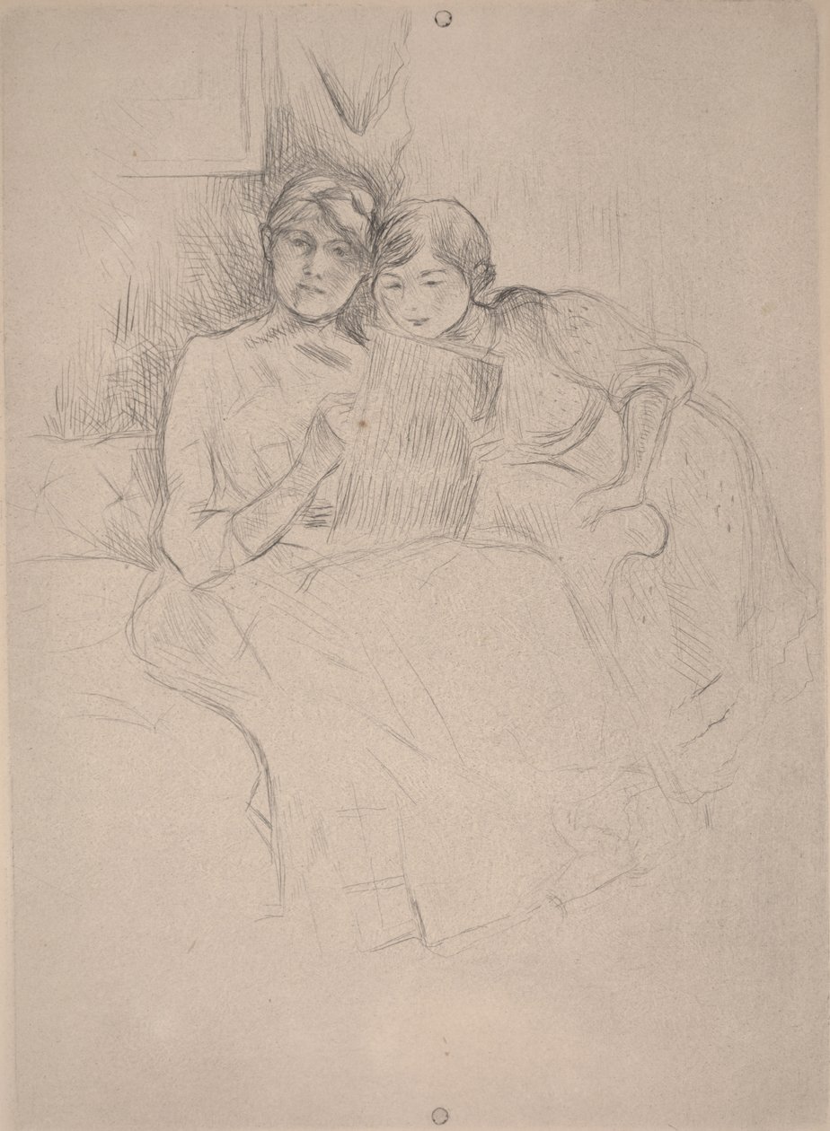 Tegneleksjonen - Berthe Morisot tegner med datteren sin, ca. 1889-90 (tørrpunkt) av Berthe Morisot