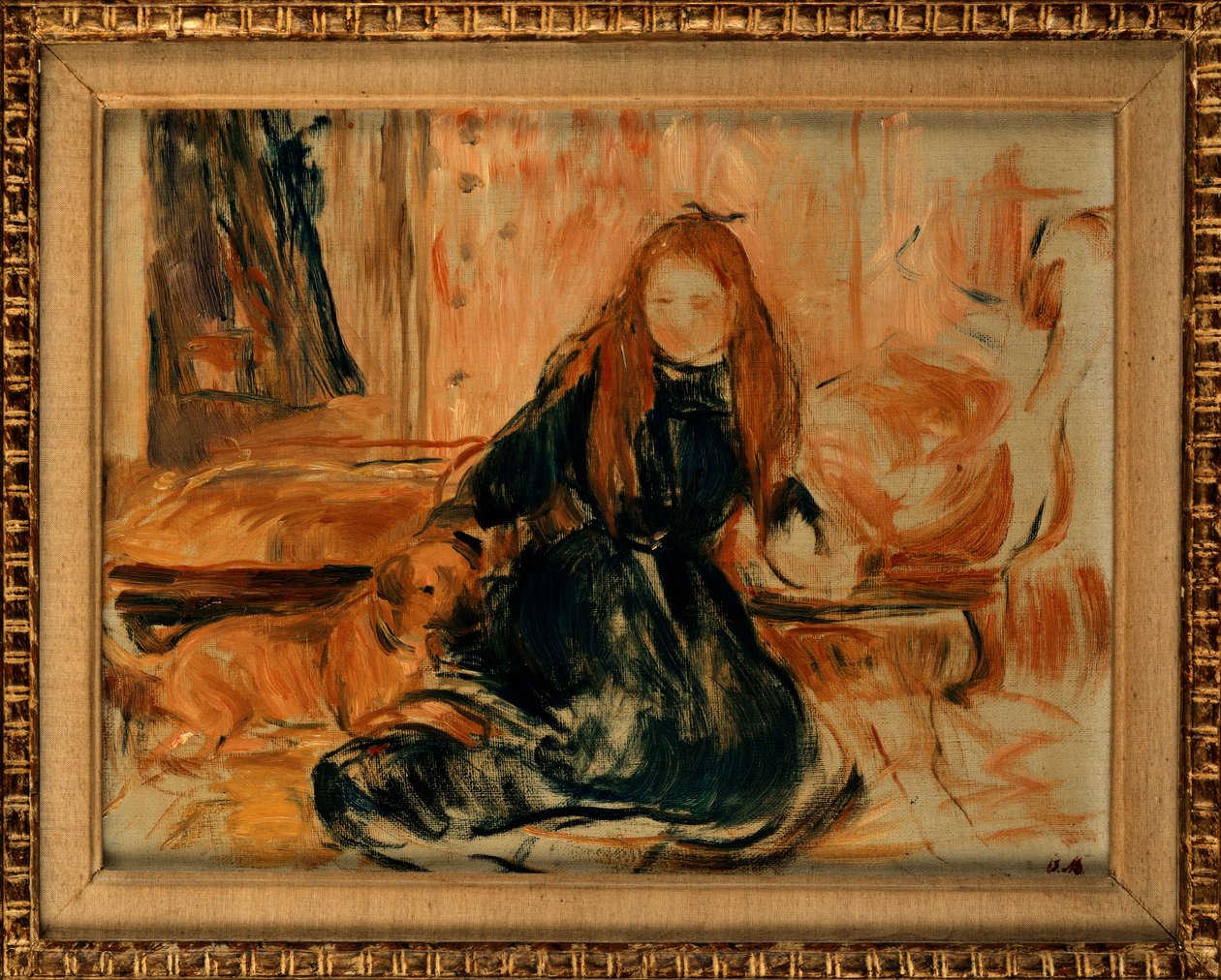 Ung jente leker med en hund, 1892 av Berthe Morisot