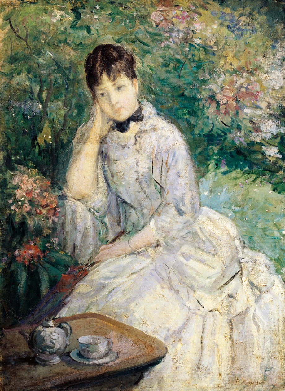 Ung kvinne sitter på en sofa (olje på lerret) av Berthe Morisot