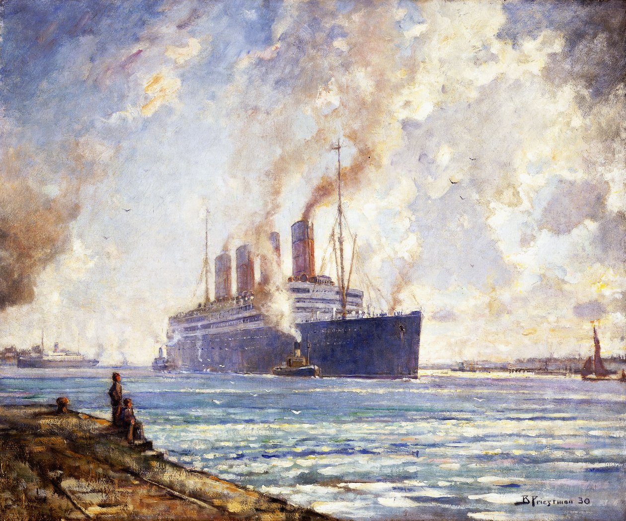Aquitania kommer oppover Southampton Water av Bertram Priestman