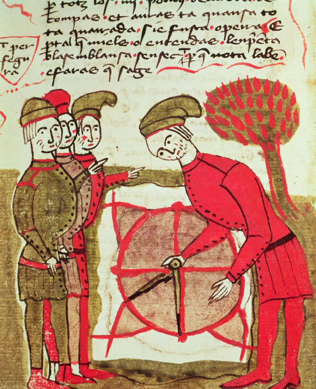 Ms 327 fol.216v Landmålere som arbeider med en plan og kompass, fra Traite dArpentage av Arnaud de Villeneuve (1240-1312) av Bertrand Boysset