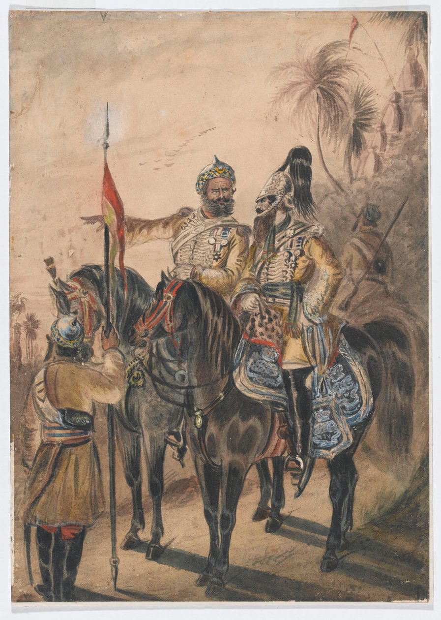 To ridende offiserer og en demontert sowar, 4th Bengal Irregular Cavalry, ca. 1850 (akvarell) av Bethune Donald Grant