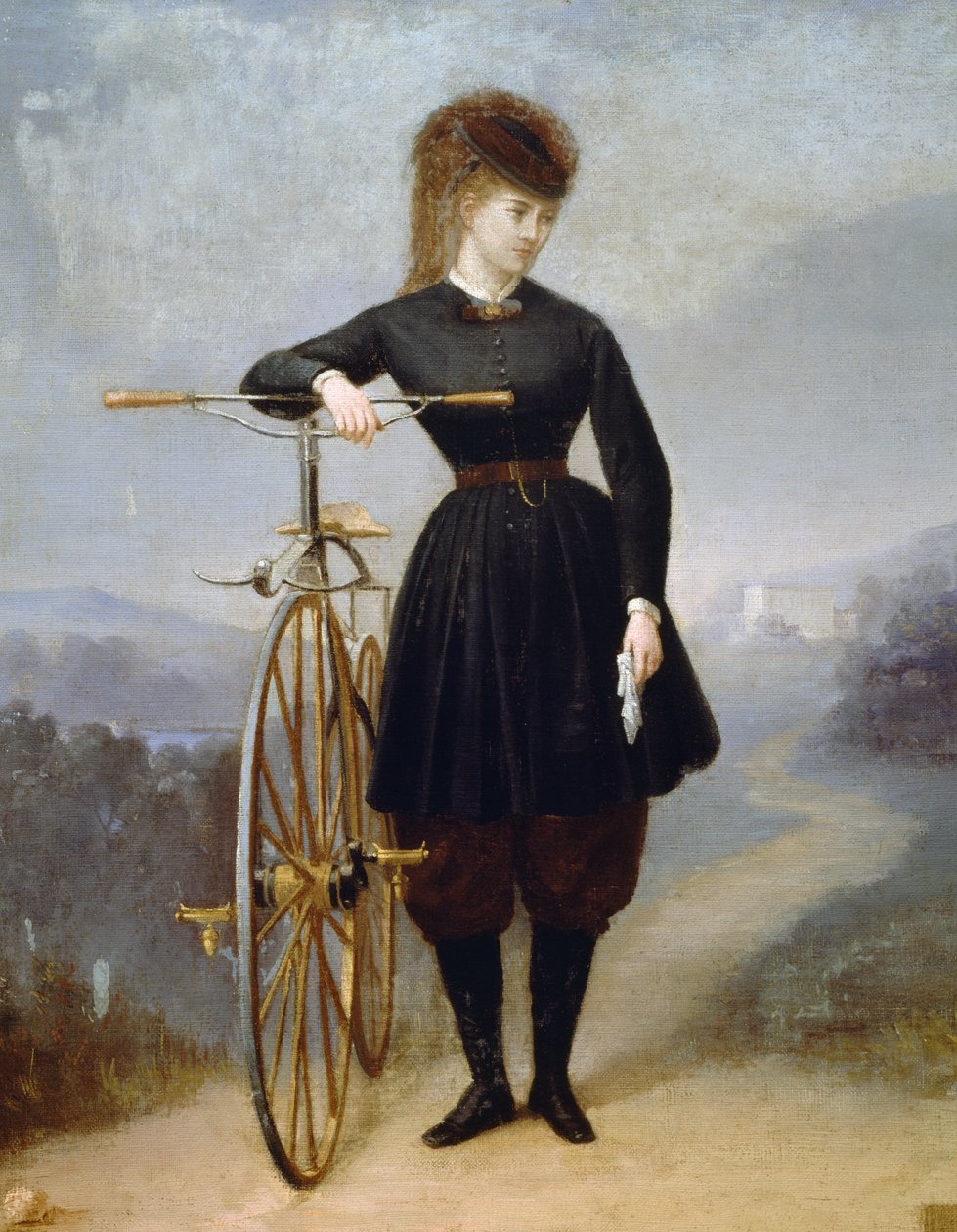 Den franske skuespillerinnen Blanche d'Antigny, pseudonym til Marie Ernestine Blanche d'Antigny (1842-1874), med sin velocipede (sykkel), maleri av Betinet, olje på lerret av Betinet