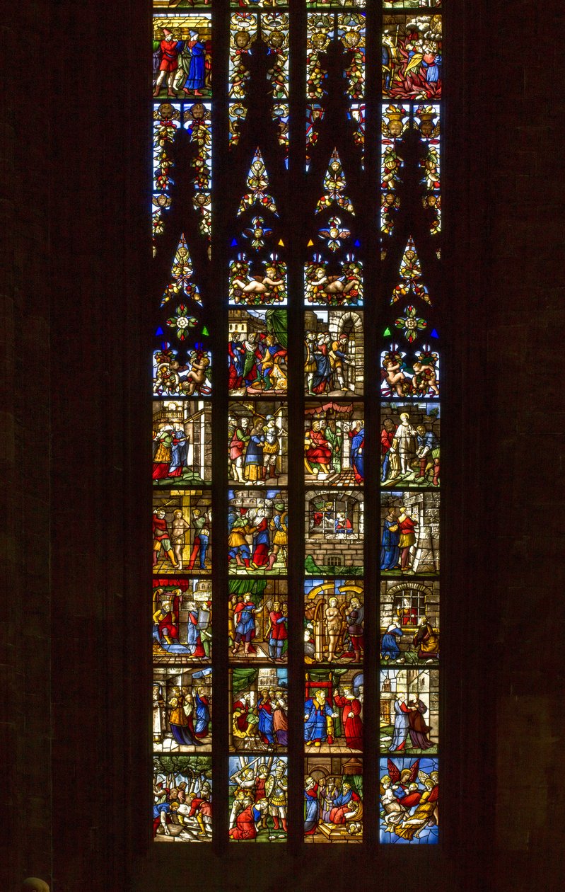 Glassmaleri med historiene om den hellige Katarina av Alexandria, designet av Biagio og Giuseppe Arcimboldi, venstre midtgang i Milanos katedral av Biagio & Arcimboldi Giuseppe Arcimboldi
