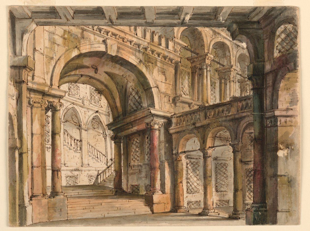 Scenedesign, palassgårder og trapper av Bibiena Family, 1657
