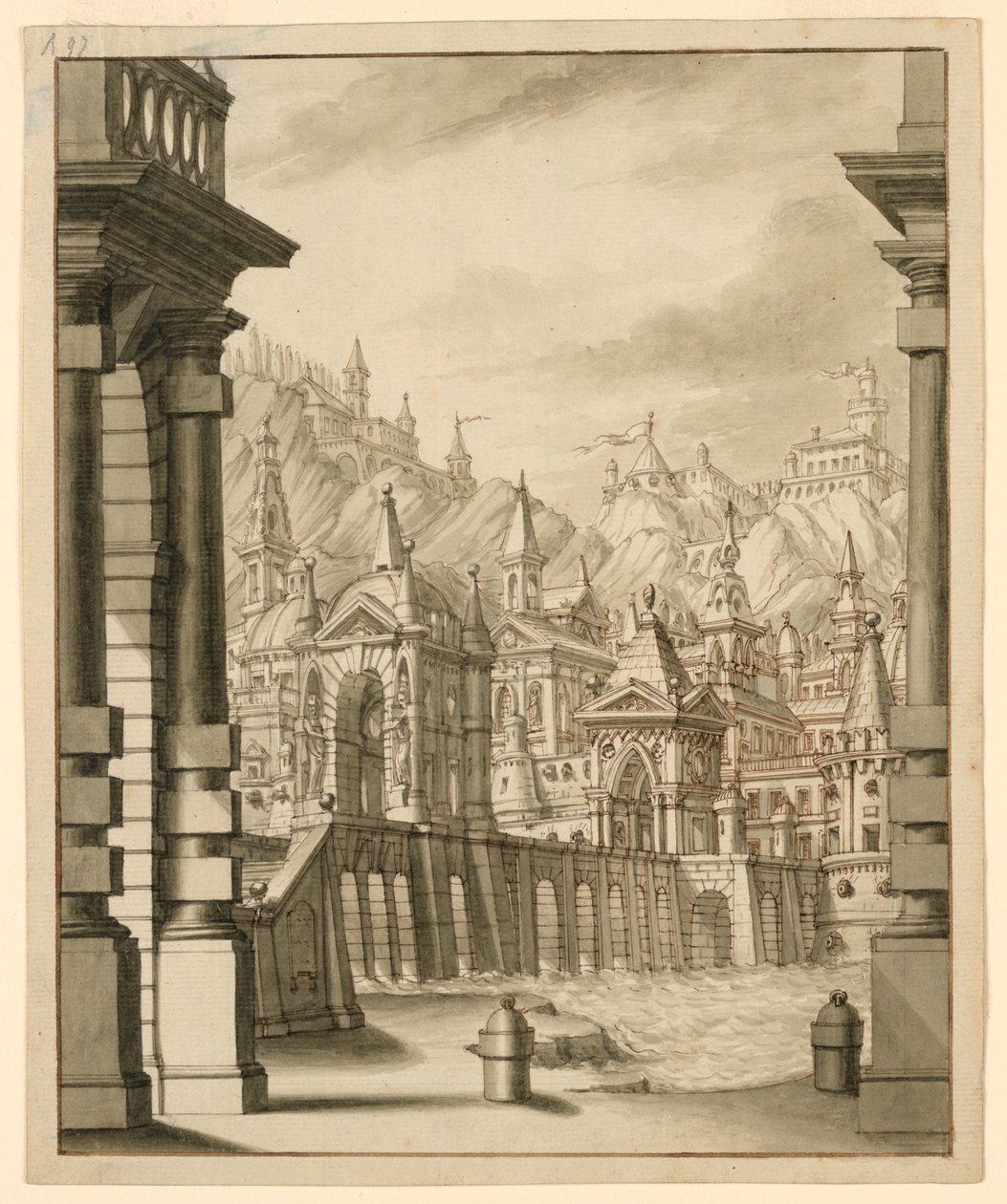 Scenedesign, by på bakke med bygninger med tårn av Bibiena Family, 1657