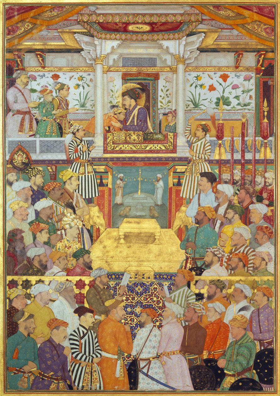 Padshahnama-tallerken 10: Shah-Jahan mottar sine tre eldste sønner og Asaf Khan under tiltredelsesseremoniene (8. mars 1628) av Bichitr
