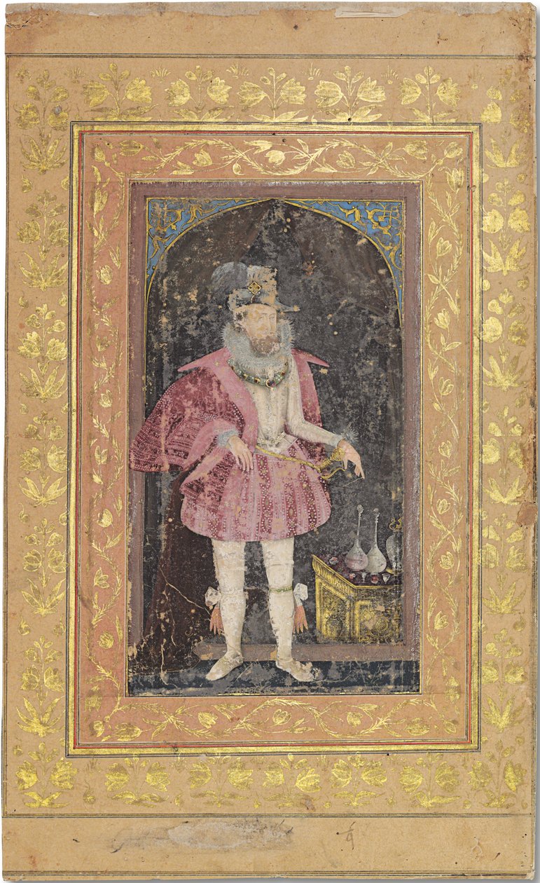 A Rare Mughal Portrait of James I, ca. 1615-18 (ugjennomsiktige pigmenter forsterket med gull på papir) av Bichitr Bichitr
