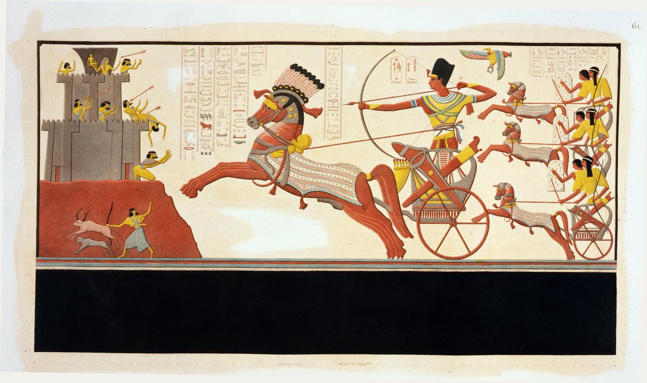 Ramesses II (1279–13 f.Kr.) i slaget ved Kadesj, vendt mot hæren til Muwattali, hetittenes konge, veggmaleri fra Ramses II-tempelet, Abu Simbel av Bigant and Allais