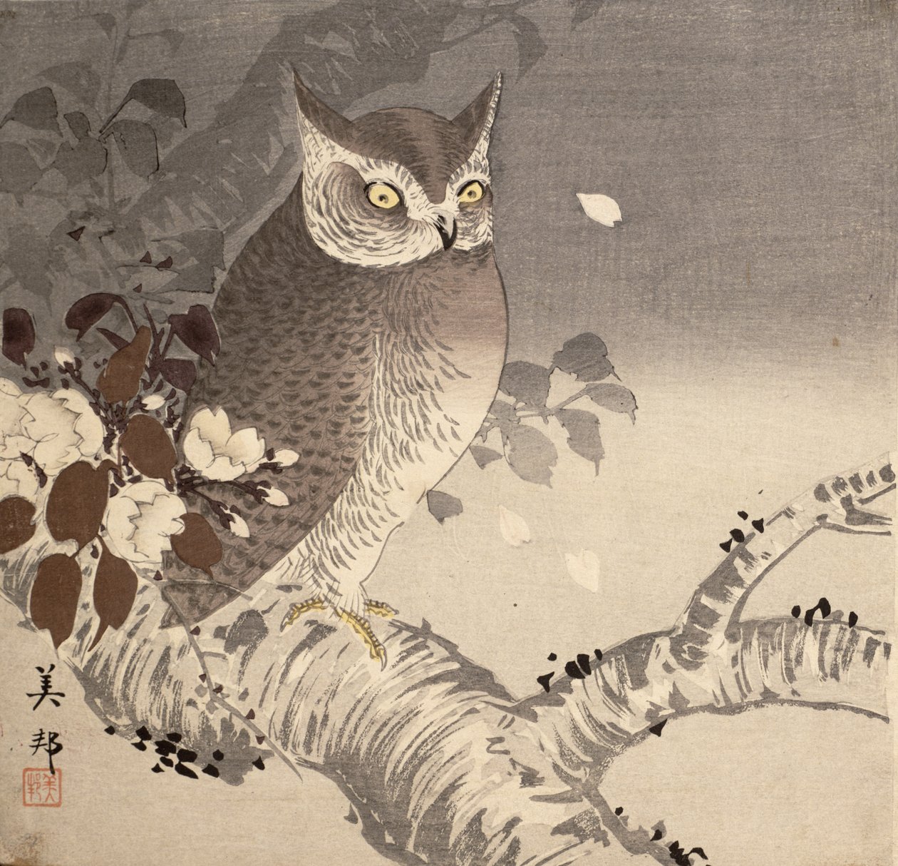 En ugle på en tregren av Biho Takashi or Takahashi (b. 1873. fl 1890 1930)