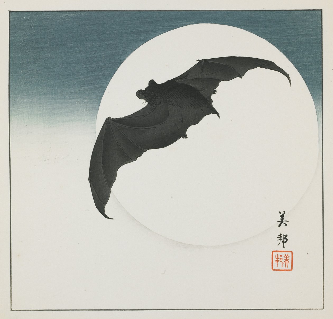 Flaggermus og måne, tidlig på 1900-tallet av Biho Takashi or Takahashi (b. 1873. fl 1890 1930)
