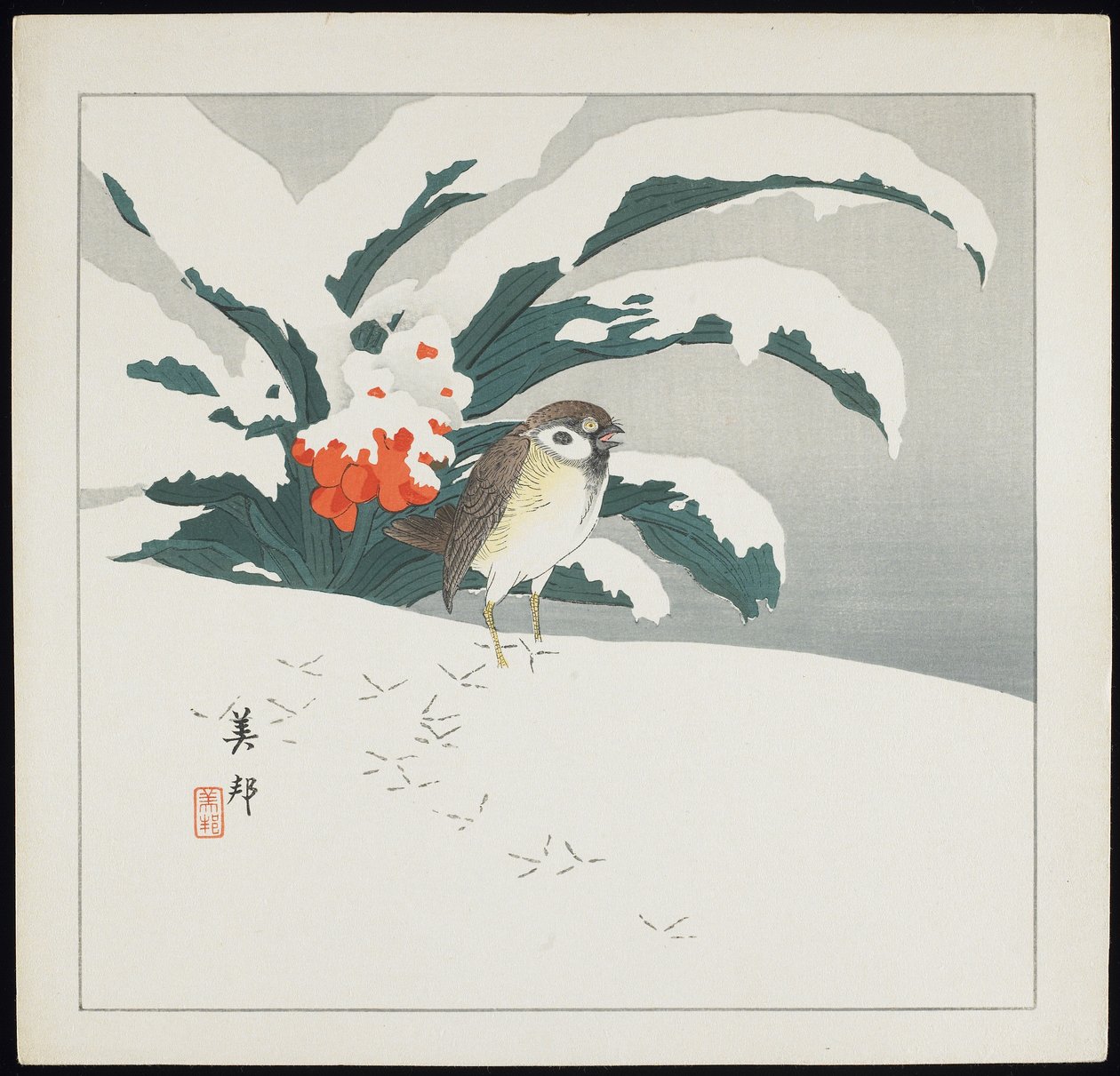 Bird in Snow, tidlig på 1900-tallet av Biho Takashi or Takahashi (b. 1873. fl 1890 1930)