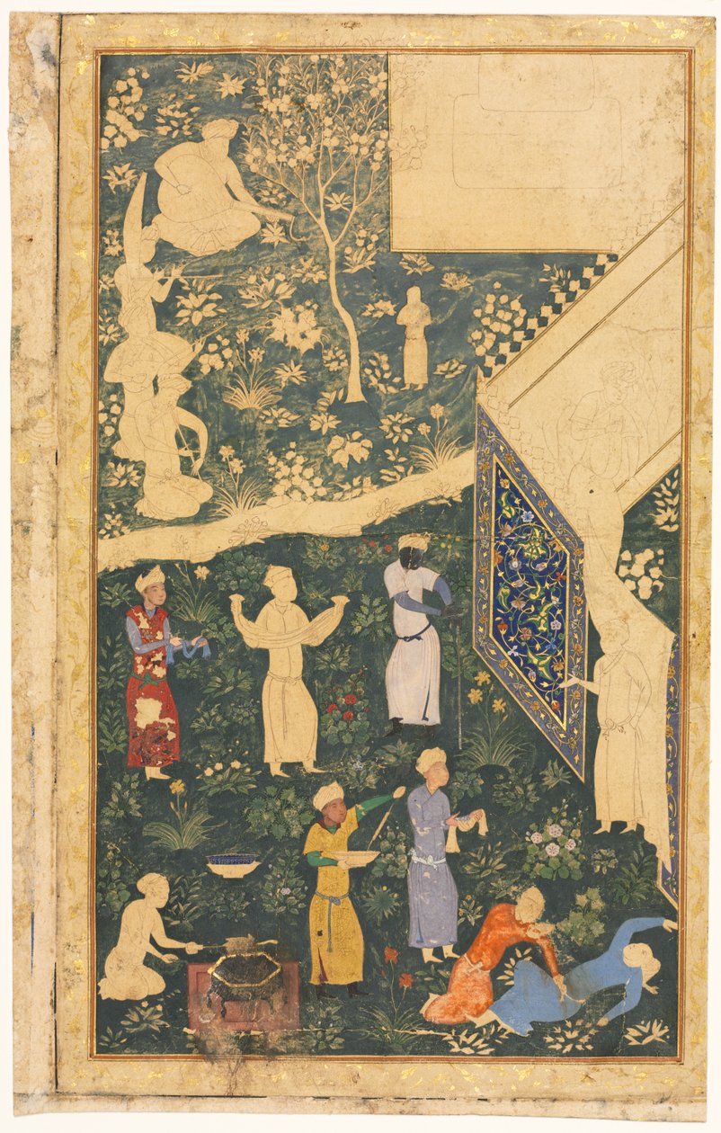 Musikere og tjenere utenfor en Royal Encampment recto, ca. 1485. av Bihzad