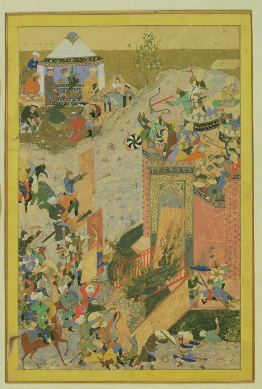 Angrep på et slott, persisk, timurid-periode (1370-1506) ca. 1475-1500 (wc og bladgull på papir) av Bihzad attr. to Bihzad attr. to