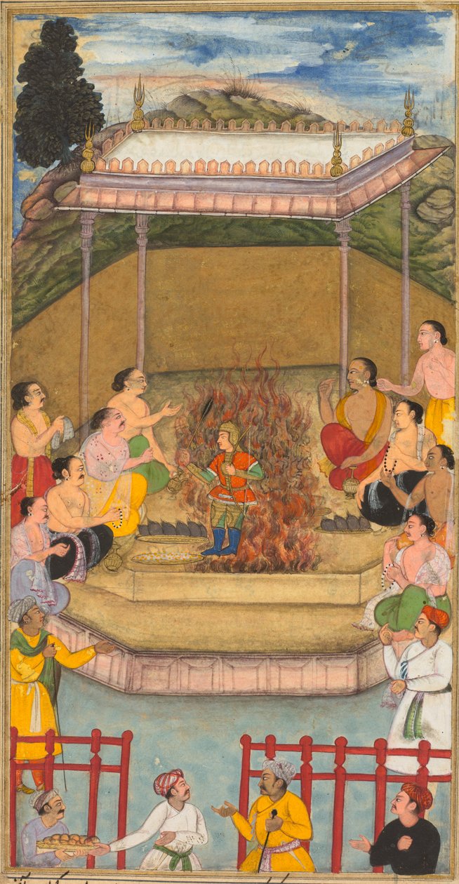 Yaja og Upayaja utfører et offer for fremveksten av Dhrishtadyumna fra brannen..., 1598. av Bilal Habshi