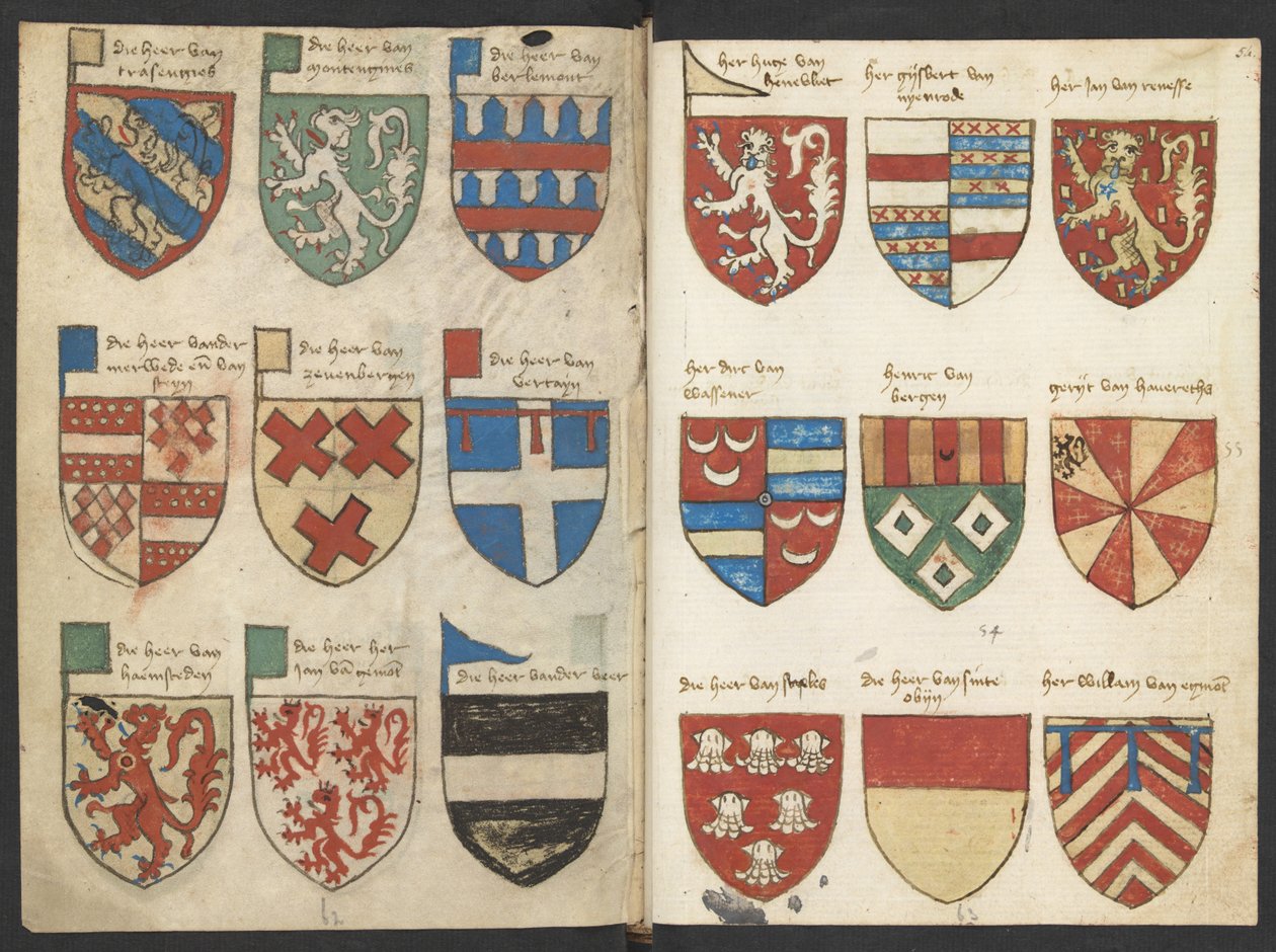 Wapenboek Beyeren (armorial) - KB79K21 - folios 053v (venstre) og 054r (høyre) av Binder