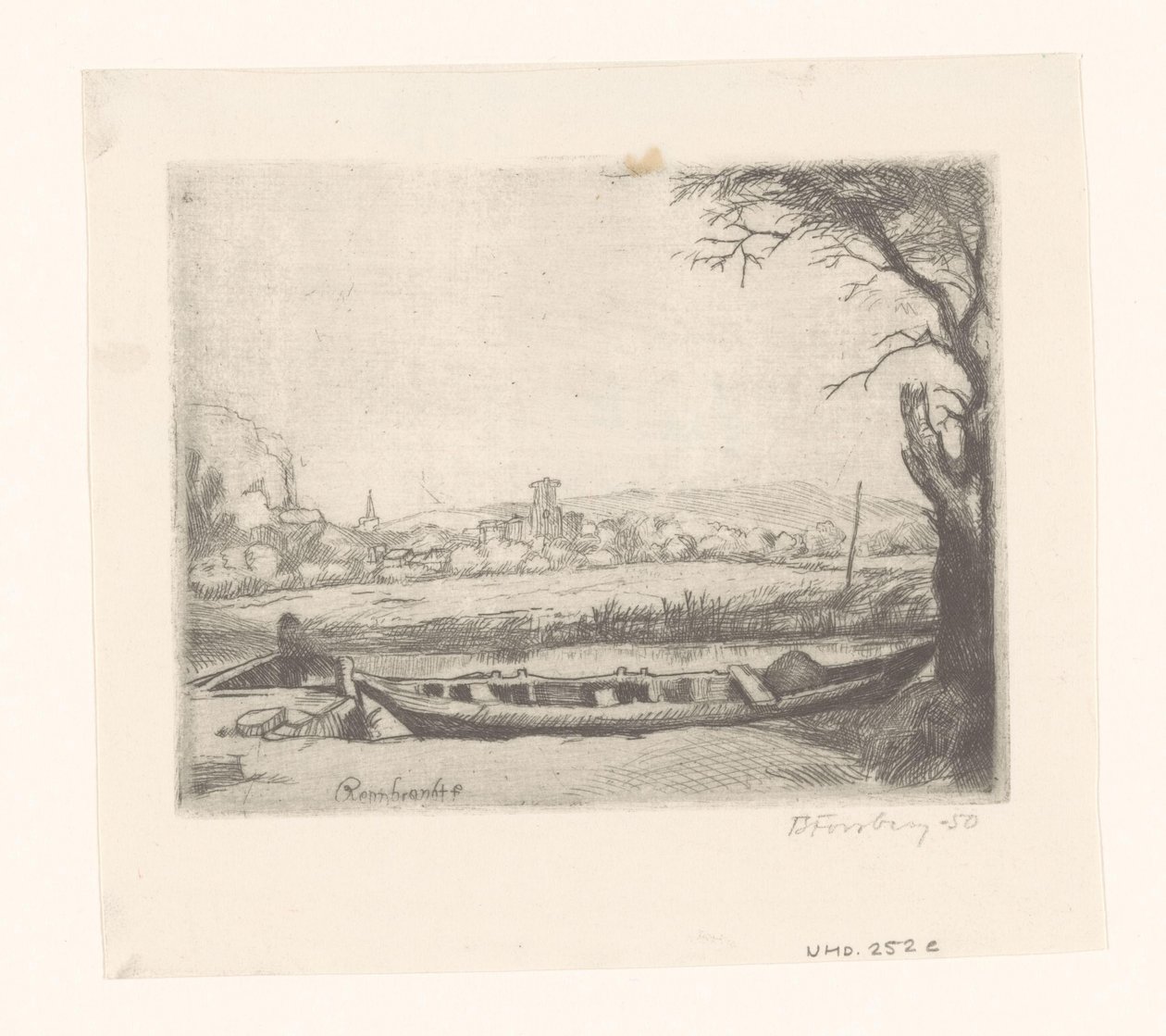 Kanal med en stor båt og en bro ("The schuytje i forgrunnen") av Birger John Forsberg