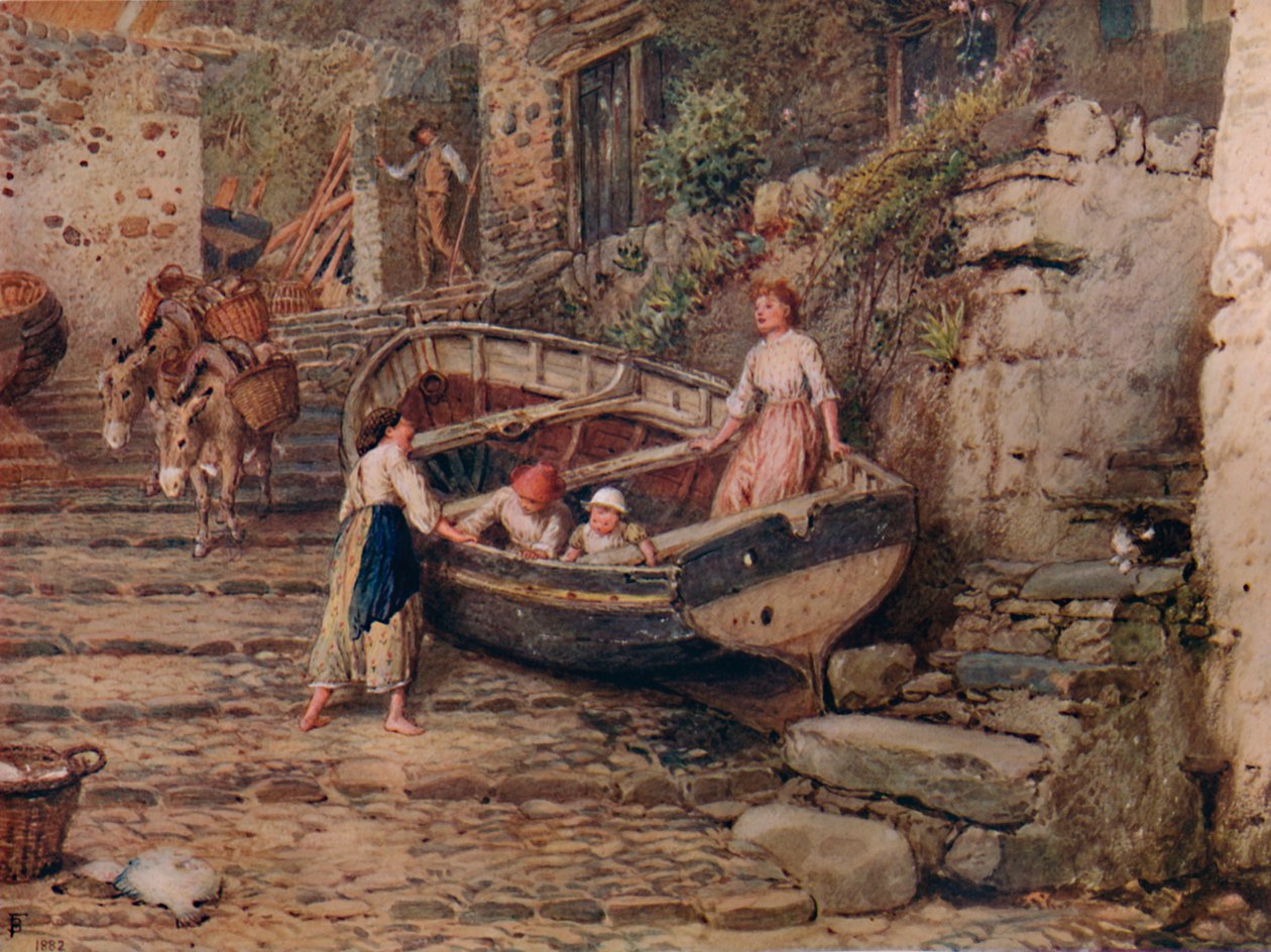 Utsikt ved Clovelly, med strandet båt og figurer, 1882, 1935 av Birket Foster