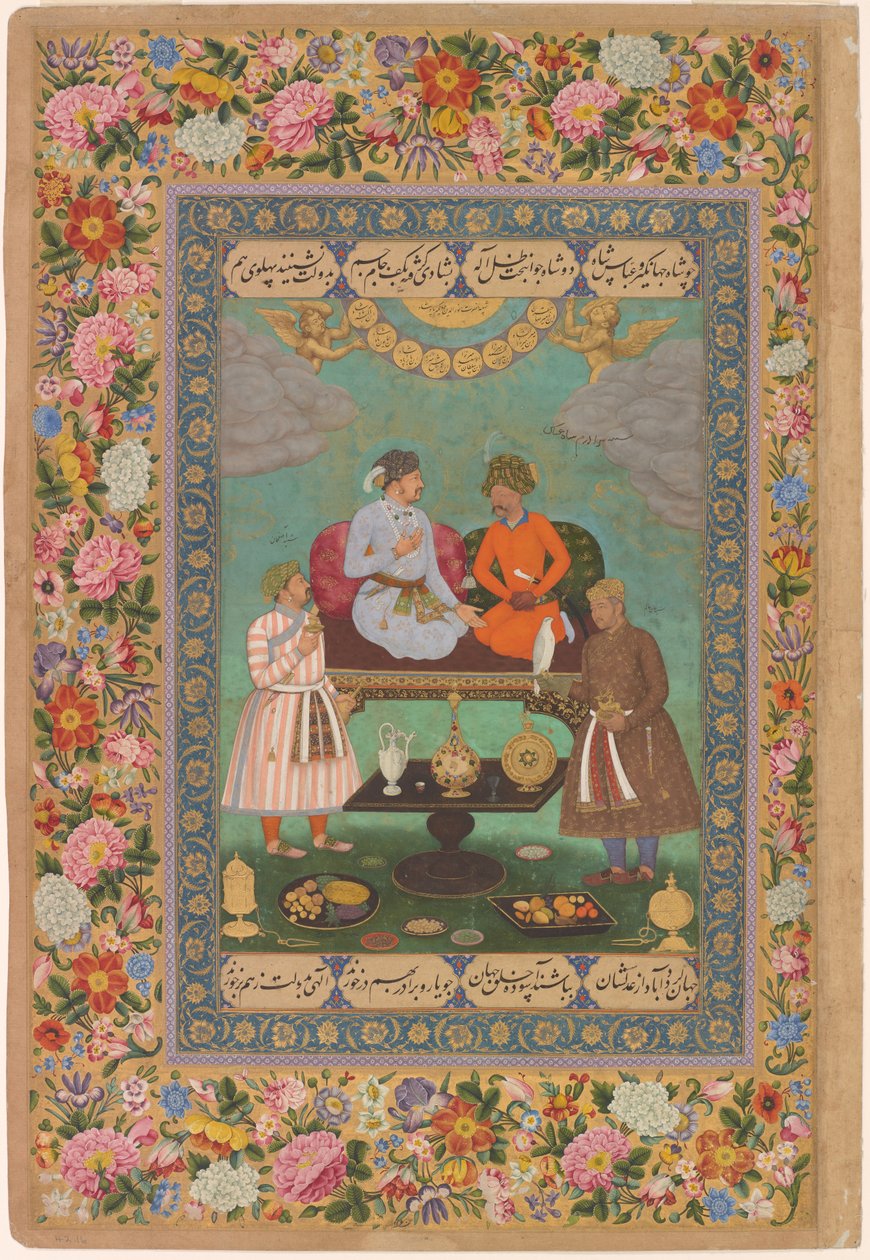 Jahangir underholder Shah Abbas fra St. Petersburg-albumet, ca. 1620 (akvarell, gull, blekk på papir) av Bishandas