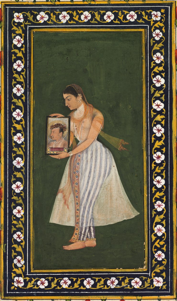 Nur Jahan, med et portrett av keiser Jahangir, ca. 1627. av Bishandas