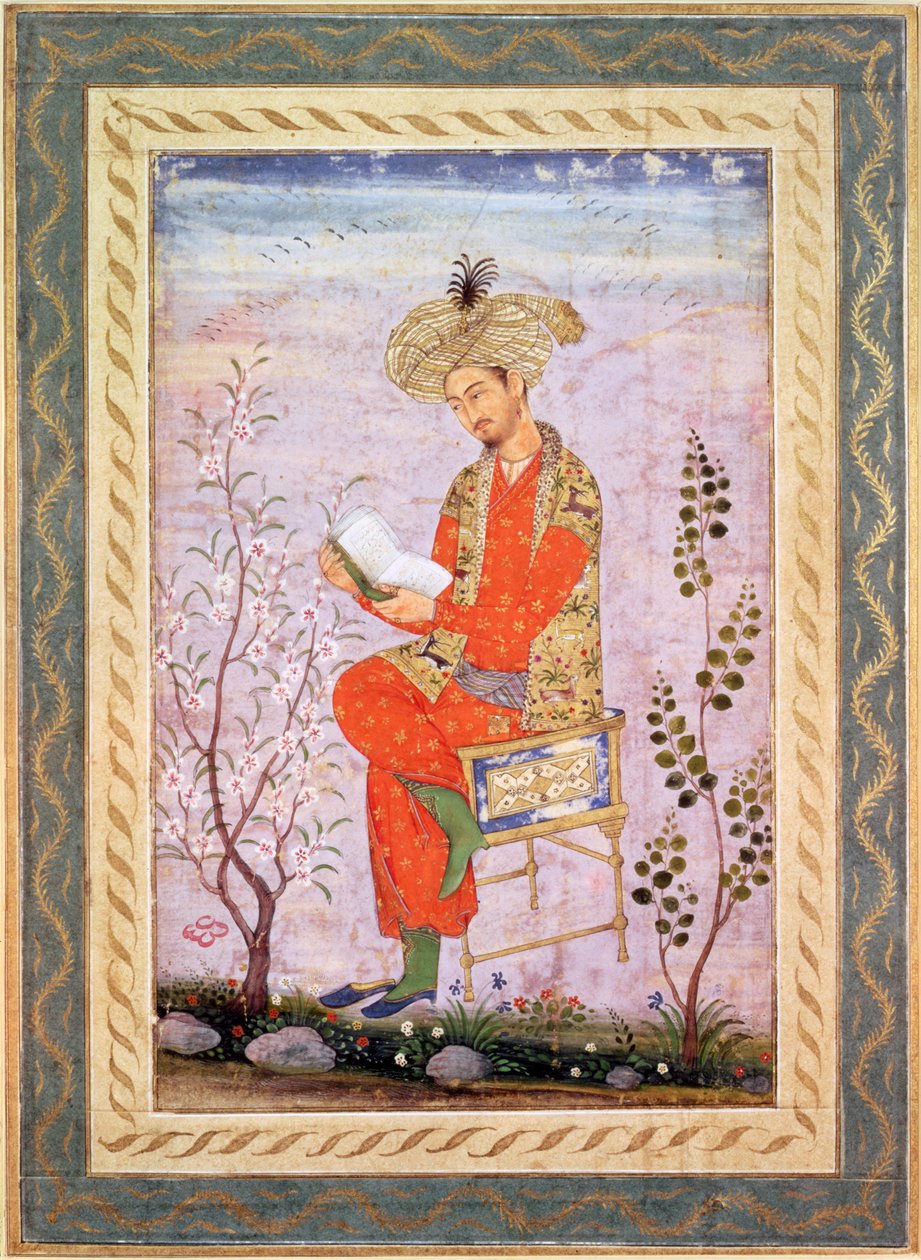 Babur (r.1526-30) Reading, Mughal (akvarell på papir) av Bishn Das