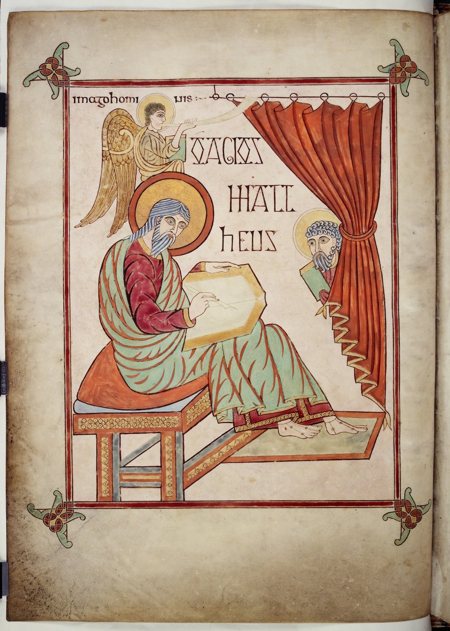 Cotton Nero D. IV, f.25v St. Matthew, skrift, med symbolet hans, fra Lindisfarne-evangeliene, 710-721 (vellum) av Bishop of Lindisfarne Eadfrith