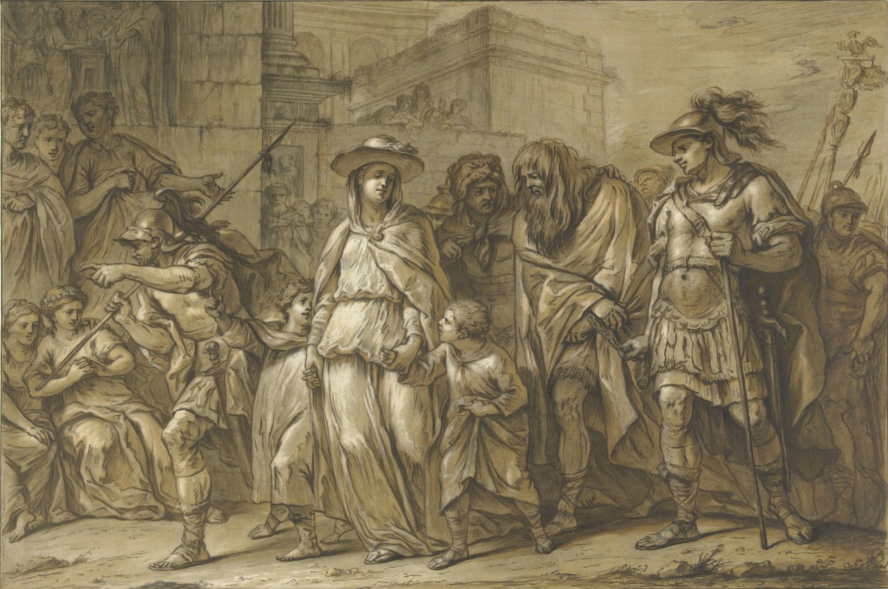 Julius Sabinus og Epponina med sine to barn tatt til fange gjennom Roma av Blaise Nicolas Lesueur